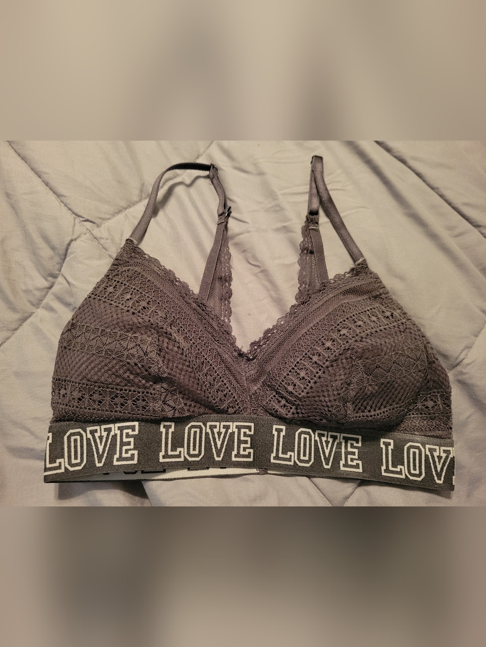LOVE Lace Convertible Bralette with Elastic Logo Band - Mauve Gray